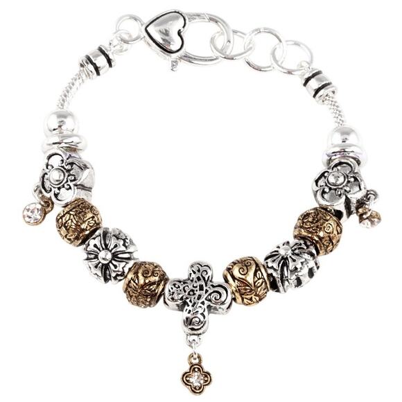 Two Toned Cross & Heart Charm Bracelet With Adjustable Lobster Clasp Closure - Picture 1 of 1